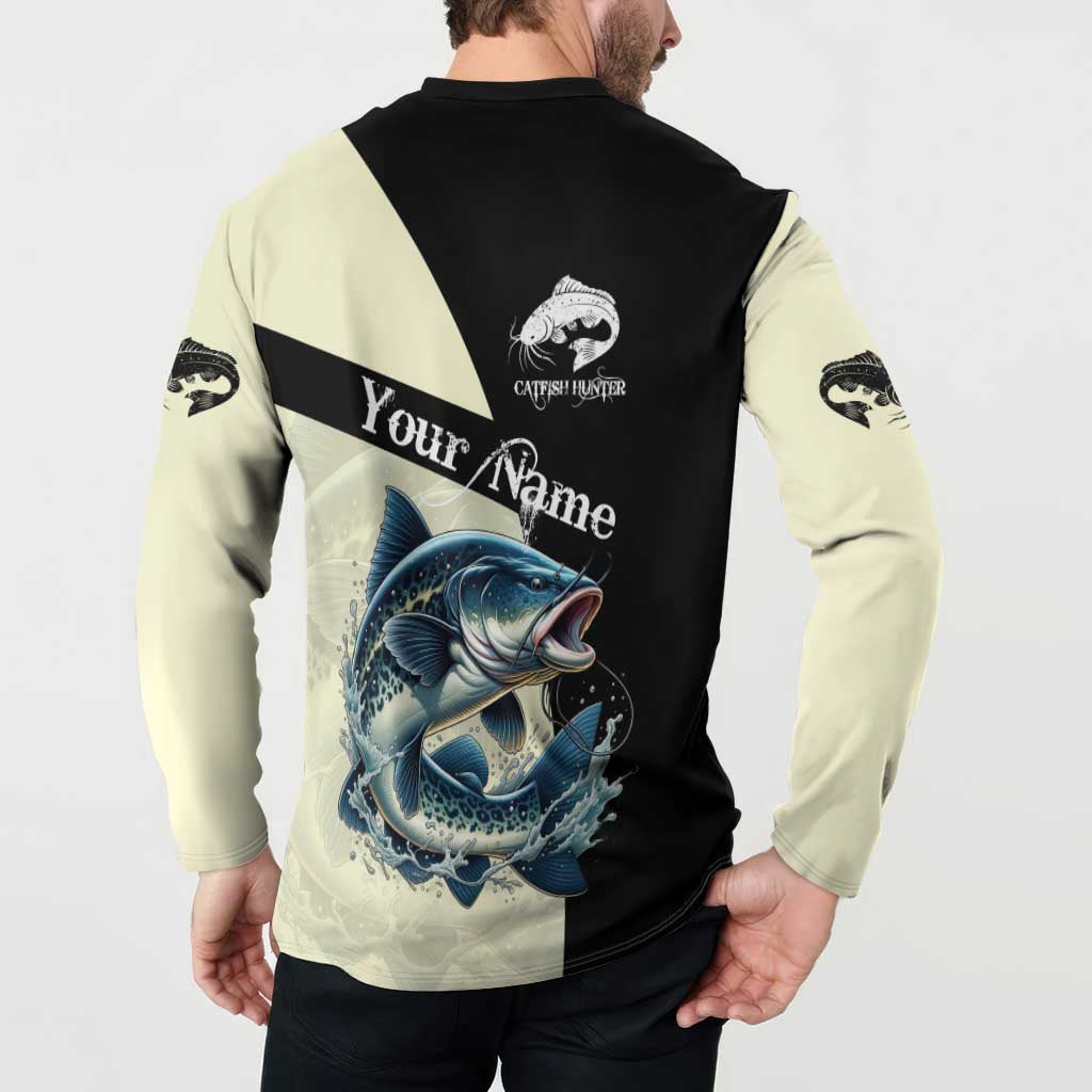 Catfish Fishing Customize Name Button Sweatshirt Splash Effect and Black Cream Split Design - Wonder Print Shop