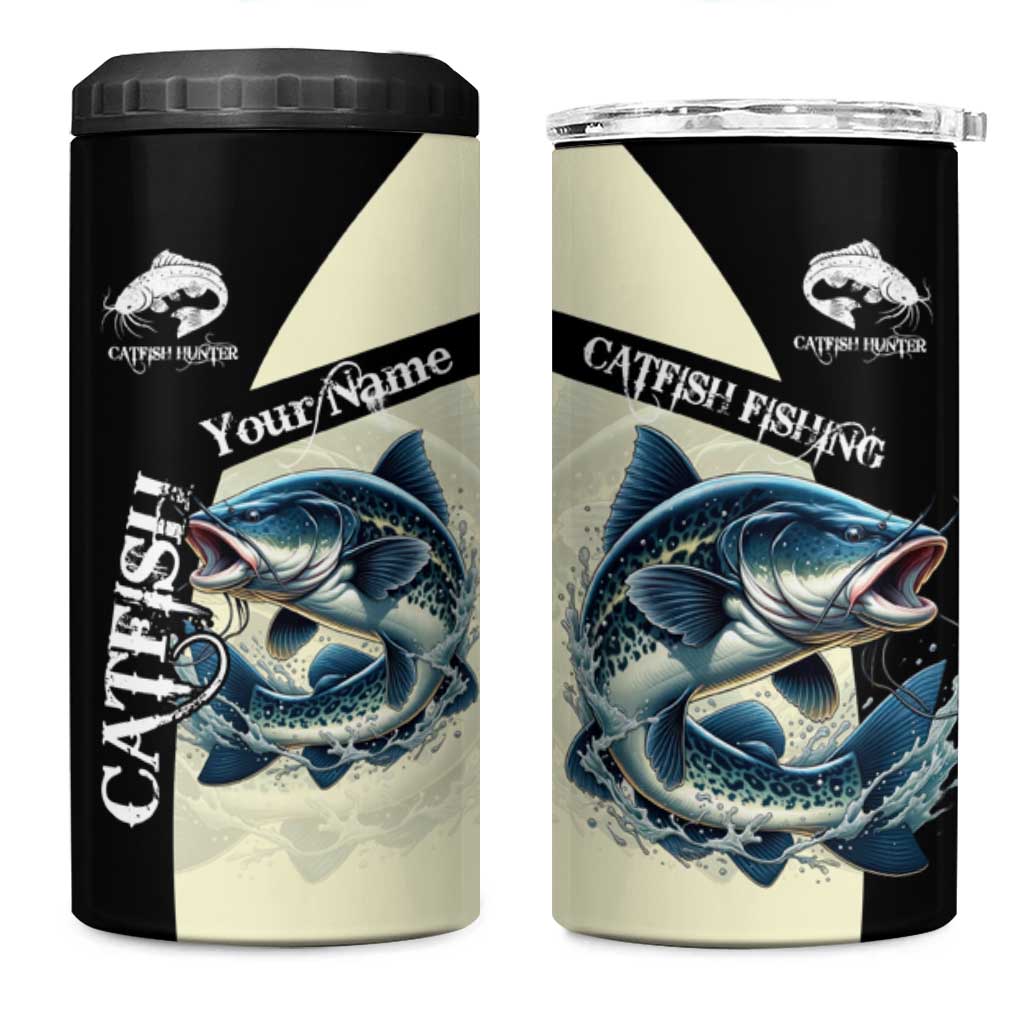 Catfish Fishing Customize Name 4 in 1 Can Cooler Tumbler Splash Effect and Black Cream Split Design - Wonder Print Shop