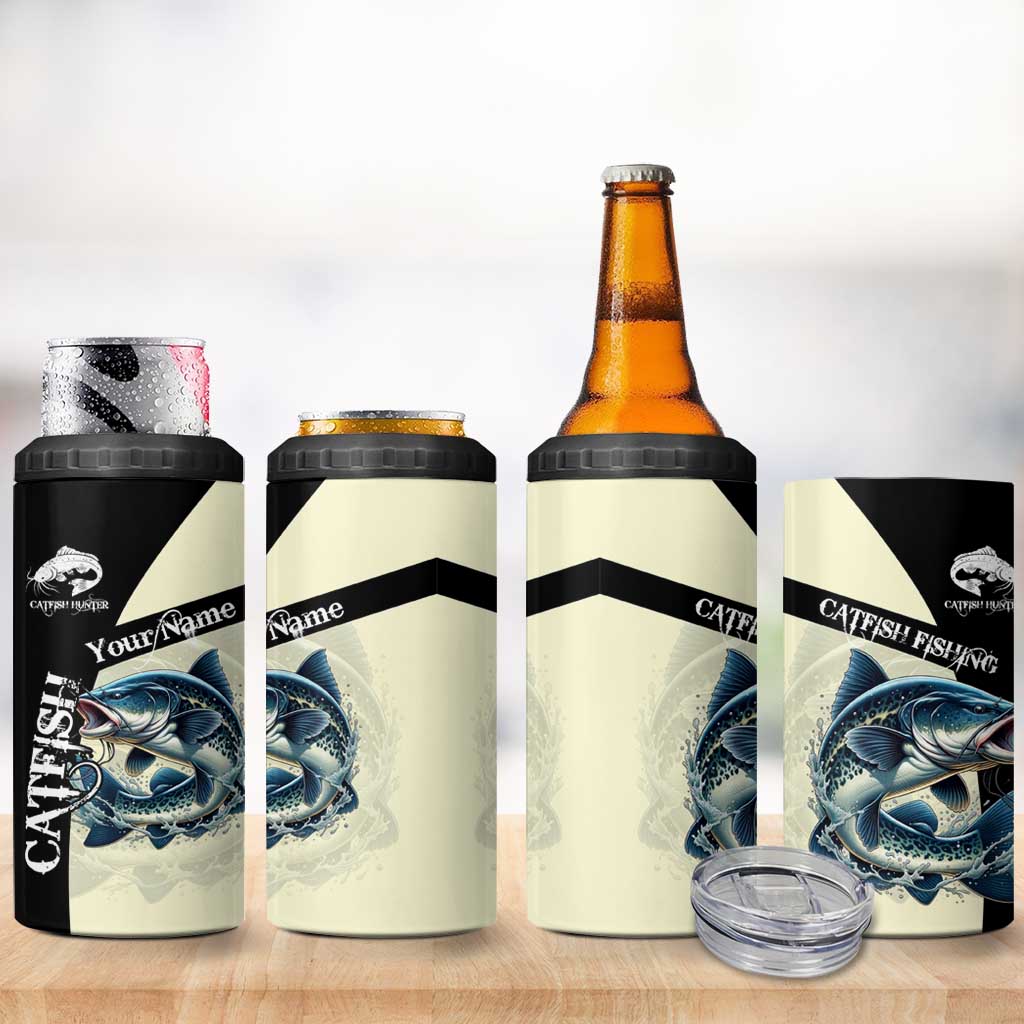 Catfish Fishing Customize Name 4 in 1 Can Cooler Tumbler Splash Effect and Black Cream Split Design - Wonder Print Shop