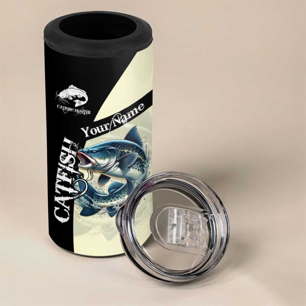 Catfish Fishing Customize Name 4 in 1 Can Cooler Tumbler Splash Effect and Black Cream Split Design - Wonder Print Shop