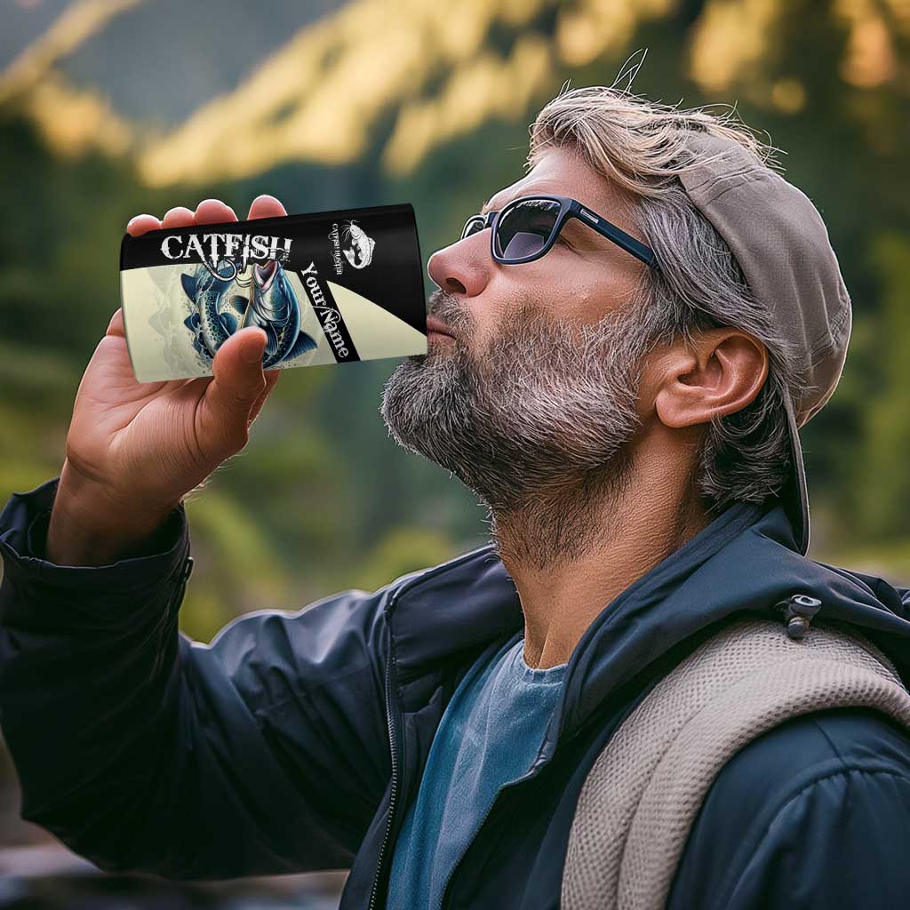 Catfish Fishing Customize Name 4 in 1 Can Cooler Tumbler Splash Effect and Black Cream Split Design - Wonder Print Shop