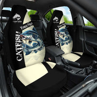 Catfish Fishing Customize Name Car Seat Cover Splash Effect and Black Cream Split Design - Wonder Print Shop