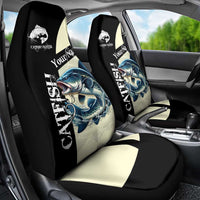 Catfish Fishing Customize Name Car Seat Cover Splash Effect and Black Cream Split Design - Wonder Print Shop