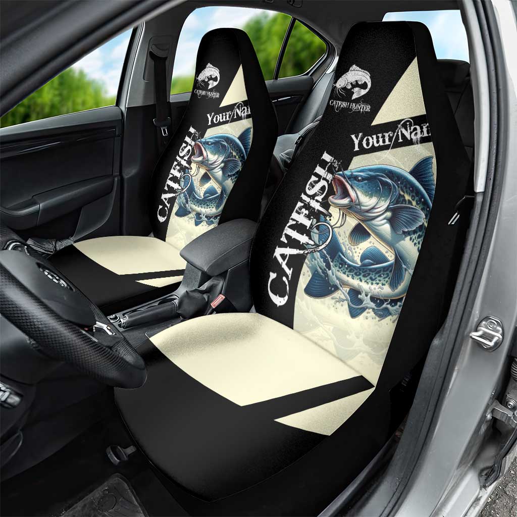 Catfish Fishing Customize Name Car Seat Cover Splash Effect and Black Cream Split Design - Wonder Print Shop