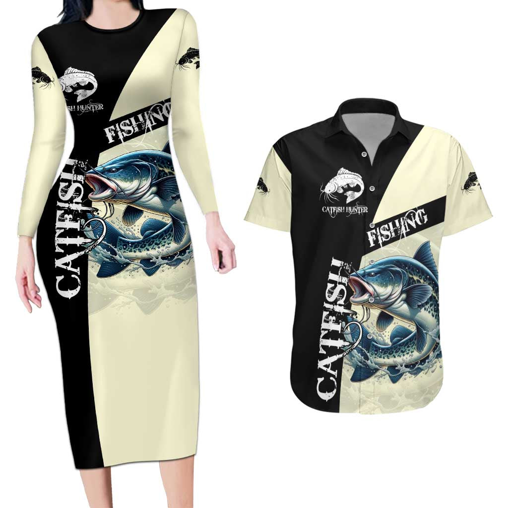 Catfish Fishing Customize Name Couples Matching Long Sleeve Bodycon Dress and Hawaiian Shirt Splash Effect and Black Cream Split Design - Wonder Print Shop