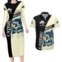 Catfish Fishing Customize Name Couples Matching Long Sleeve Bodycon Dress and Hawaiian Shirt Splash Effect and Black Cream Split Design - Wonder Print Shop