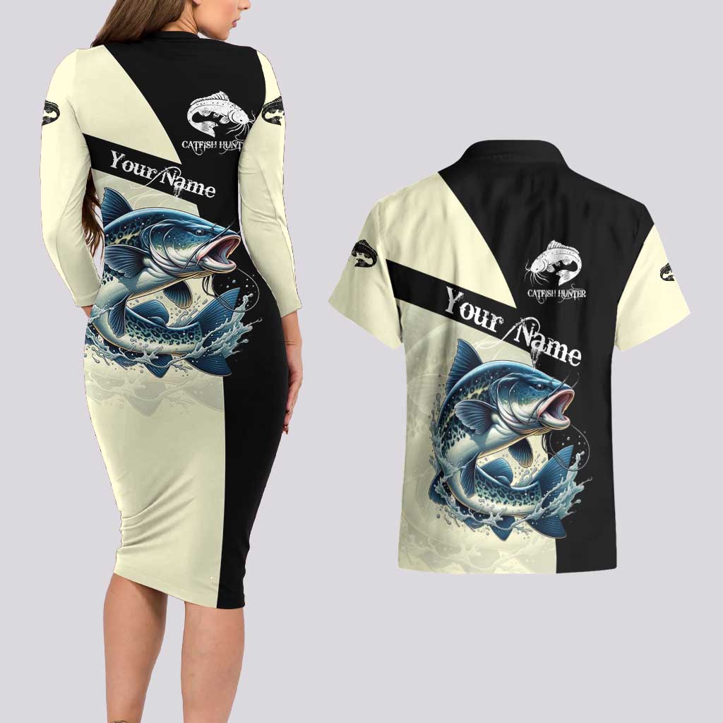 Catfish Fishing Customize Name Couples Matching Long Sleeve Bodycon Dress and Hawaiian Shirt Splash Effect and Black Cream Split Design - Wonder Print Shop