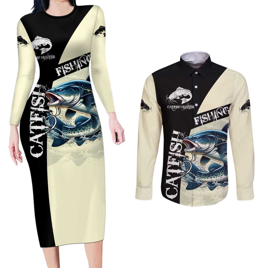 Catfish Fishing Customize Name Couples Matching Long Sleeve Bodycon Dress and Long Sleeve Button Shirt Splash Effect and Black Cream Split Design - Wonder Print Shop