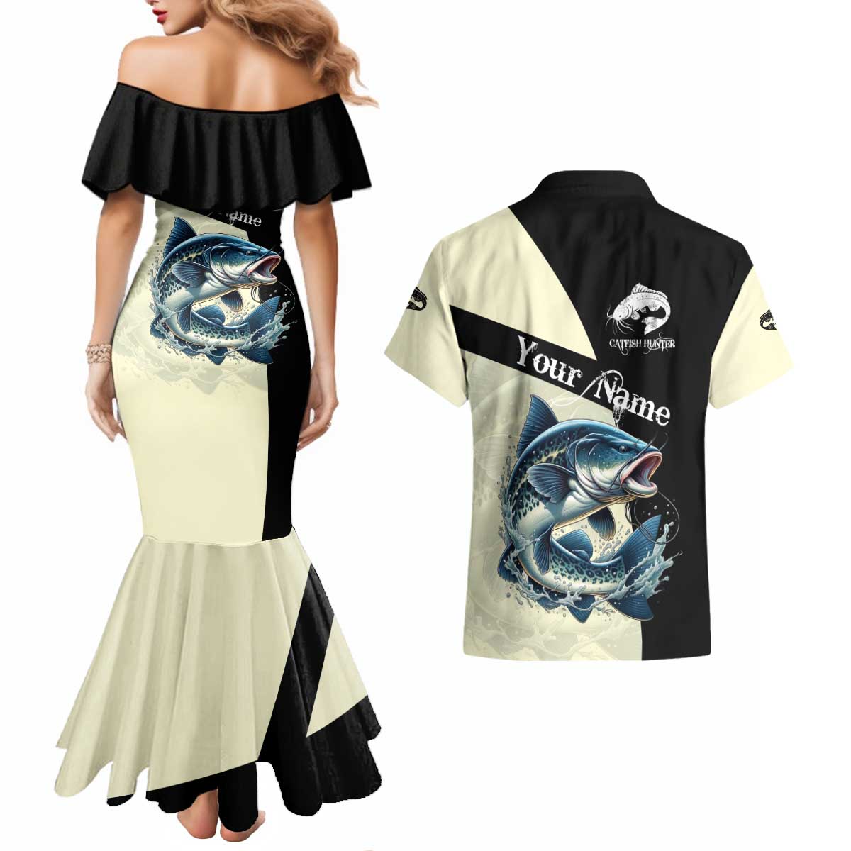 Catfish Fishing Customize Name Couples Matching Mermaid Dress and Hawaiian Shirt Splash Effect and Black Cream Split Design - Wonder Print Shop