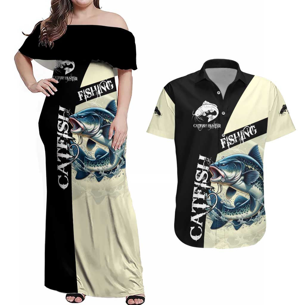 Catfish Fishing Customize Name Couples Matching Off Shoulder Maxi Dress and Hawaiian Shirt Splash Effect and Black Cream Split Design - Wonder Print Shop