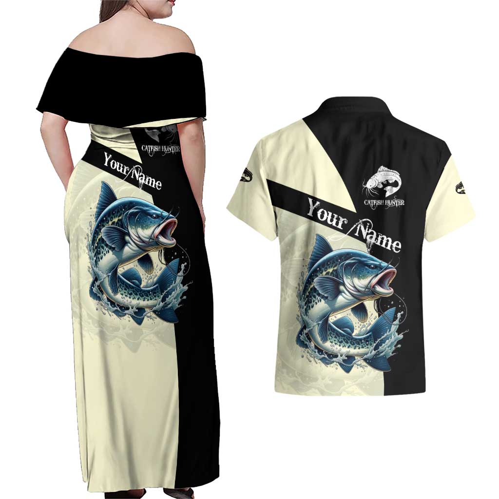 Catfish Fishing Customize Name Couples Matching Off Shoulder Maxi Dress and Hawaiian Shirt Splash Effect and Black Cream Split Design - Wonder Print Shop