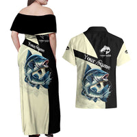 Catfish Fishing Customize Name Couples Matching Off Shoulder Maxi Dress and Hawaiian Shirt Splash Effect and Black Cream Split Design - Wonder Print Shop