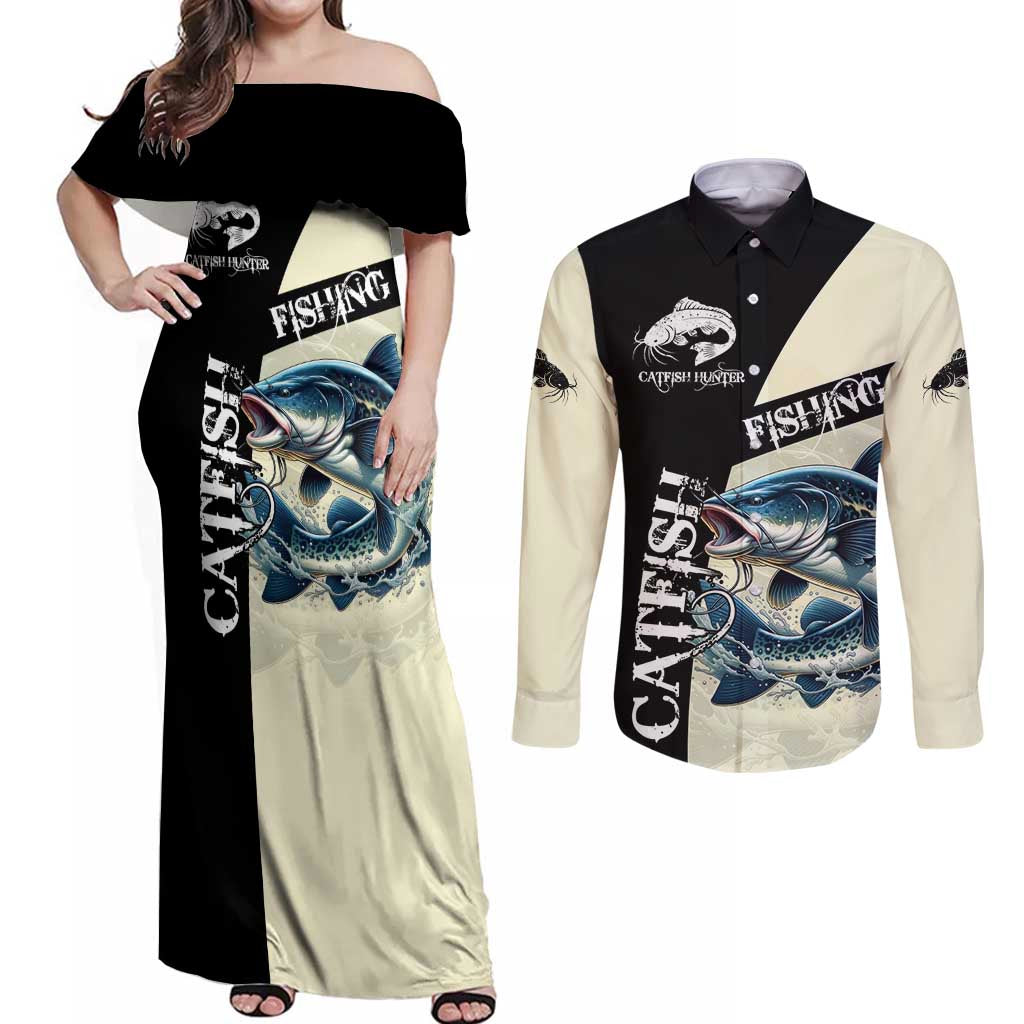 Catfish Fishing Customize Name Couples Matching Off Shoulder Maxi Dress and Long Sleeve Button Shirt Splash Effect and Black Cream Split Design - Wonder Print Shop