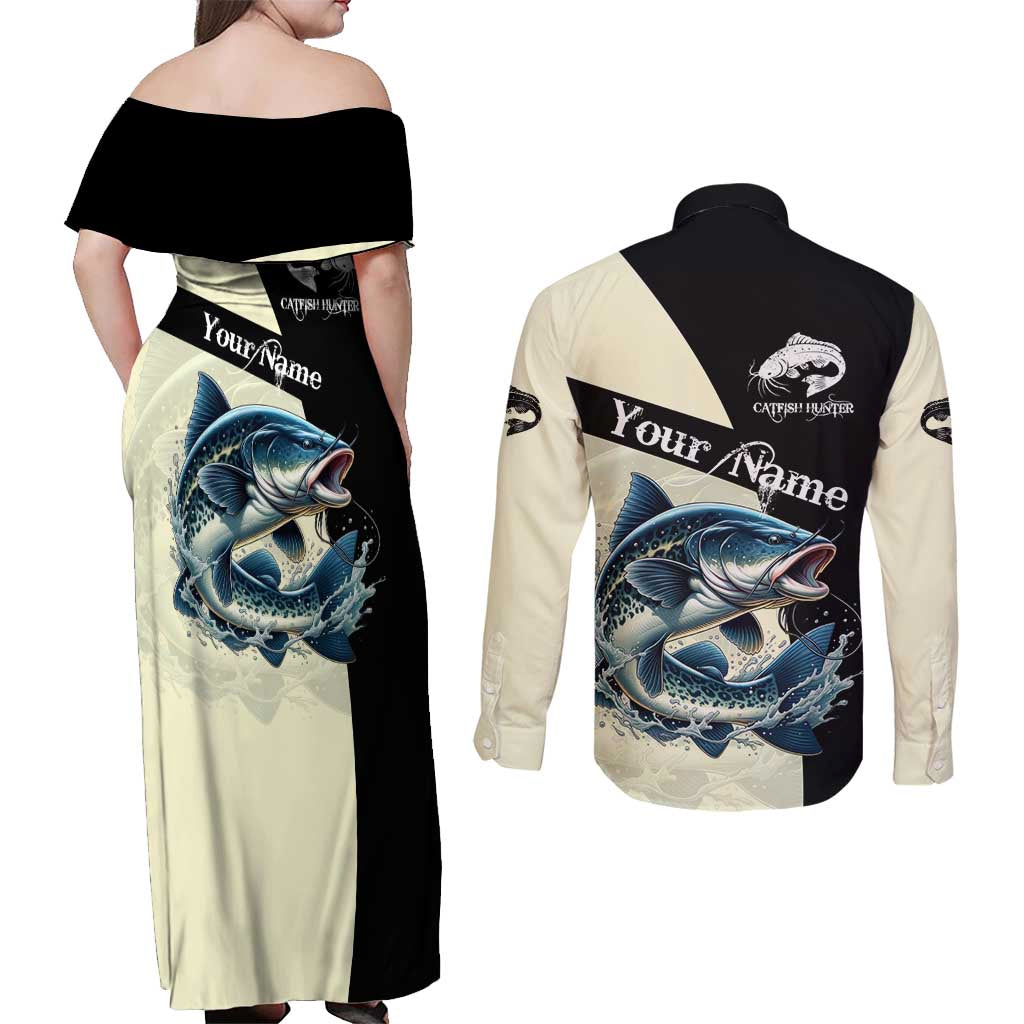 Catfish Fishing Customize Name Couples Matching Off Shoulder Maxi Dress and Long Sleeve Button Shirt Splash Effect and Black Cream Split Design - Wonder Print Shop