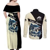 Catfish Fishing Customize Name Couples Matching Off Shoulder Maxi Dress and Long Sleeve Button Shirt Splash Effect and Black Cream Split Design - Wonder Print Shop