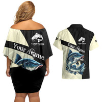 Catfish Fishing Customize Name Couples Matching Off Shoulder Short Dress and Hawaiian Shirt Splash Effect and Black Cream Split Design - Wonder Print Shop