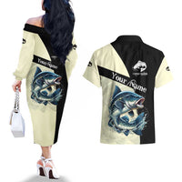 Catfish Fishing Customize Name Couples Matching Off The Shoulder Long Sleeve Dress and Hawaiian Shirt Splash Effect and Black Cream Split Design - Wonder Print Shop
