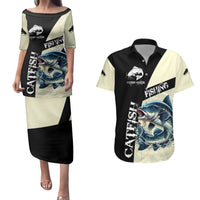 Catfish Fishing Customize Name Couples Matching Puletasi and Hawaiian Shirt Splash Effect and Black Cream Split Design - Wonder Print Shop