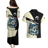 Catfish Fishing Customize Name Couples Matching Puletasi and Hawaiian Shirt Splash Effect and Black Cream Split Design - Wonder Print Shop