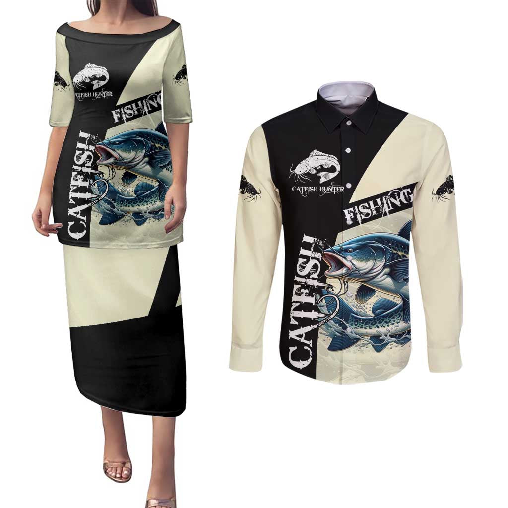 Catfish Fishing Customize Name Couples Matching Puletasi and Long Sleeve Button Shirt Splash Effect and Black Cream Split Design - Wonder Print Shop