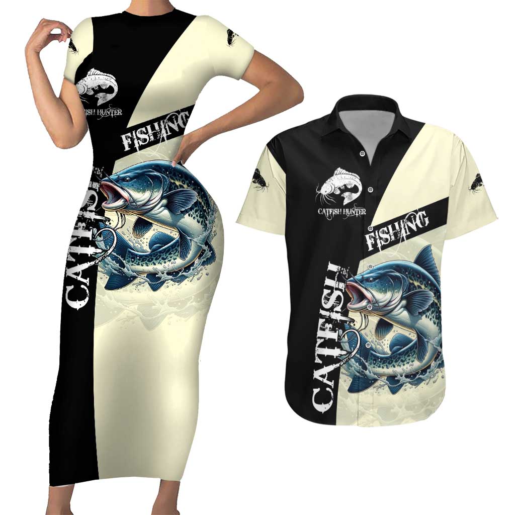 Catfish Fishing Customize Name Couples Matching Short Sleeve Bodycon Dress and Hawaiian Shirt Splash Effect and Black Cream Split Design - Wonder Print Shop