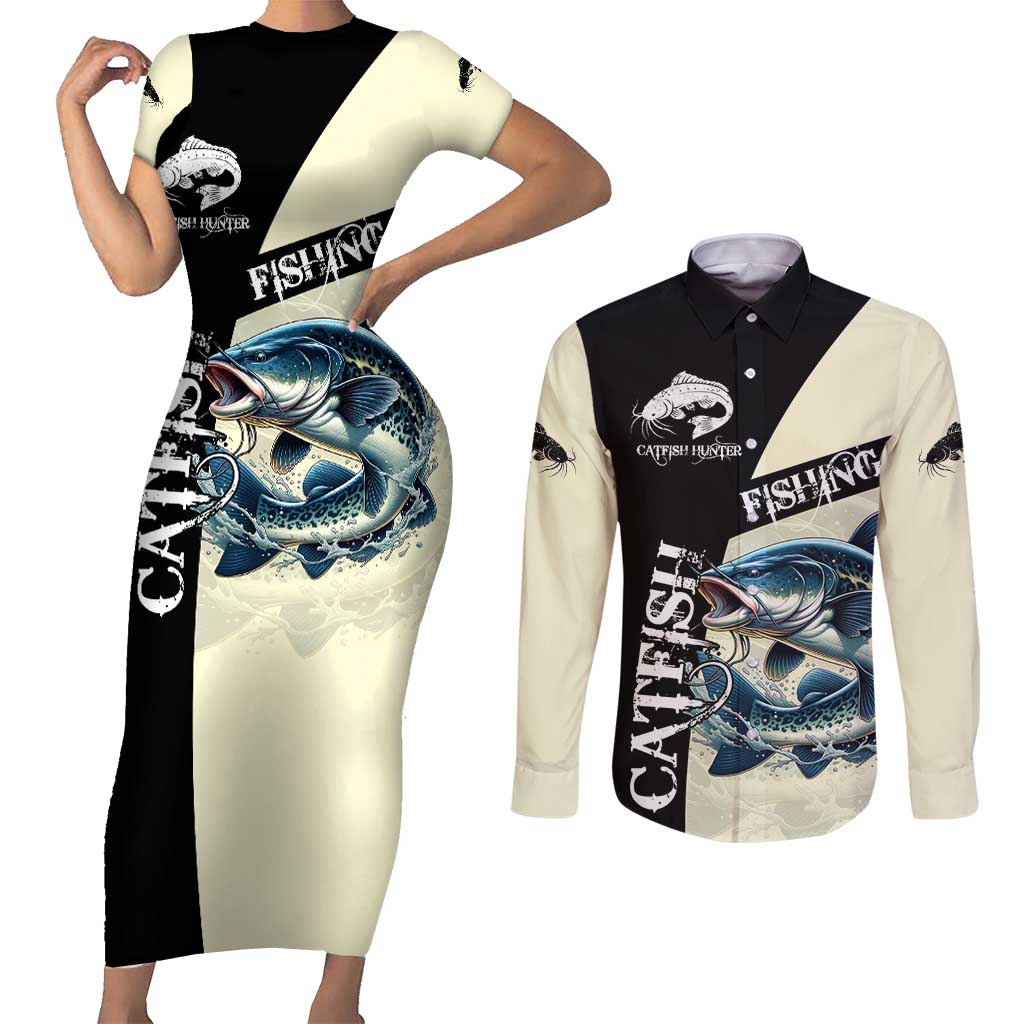 Catfish Fishing Customize Name Couples Matching Short Sleeve Bodycon Dress and Long Sleeve Button Shirt Splash Effect and Black Cream Split Design - Wonder Print Shop