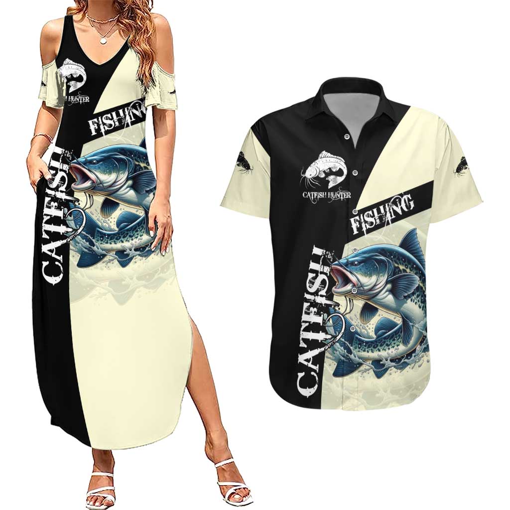 Catfish Fishing Customize Name Couples Matching Summer Maxi Dress and Hawaiian Shirt Splash Effect and Black Cream Split Design - Wonder Print Shop