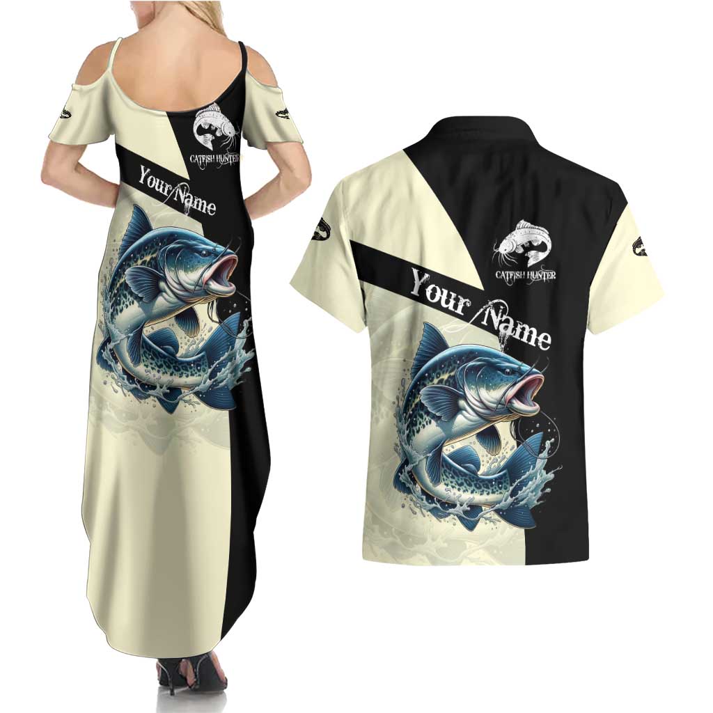 Catfish Fishing Customize Name Couples Matching Summer Maxi Dress and Hawaiian Shirt Splash Effect and Black Cream Split Design - Wonder Print Shop