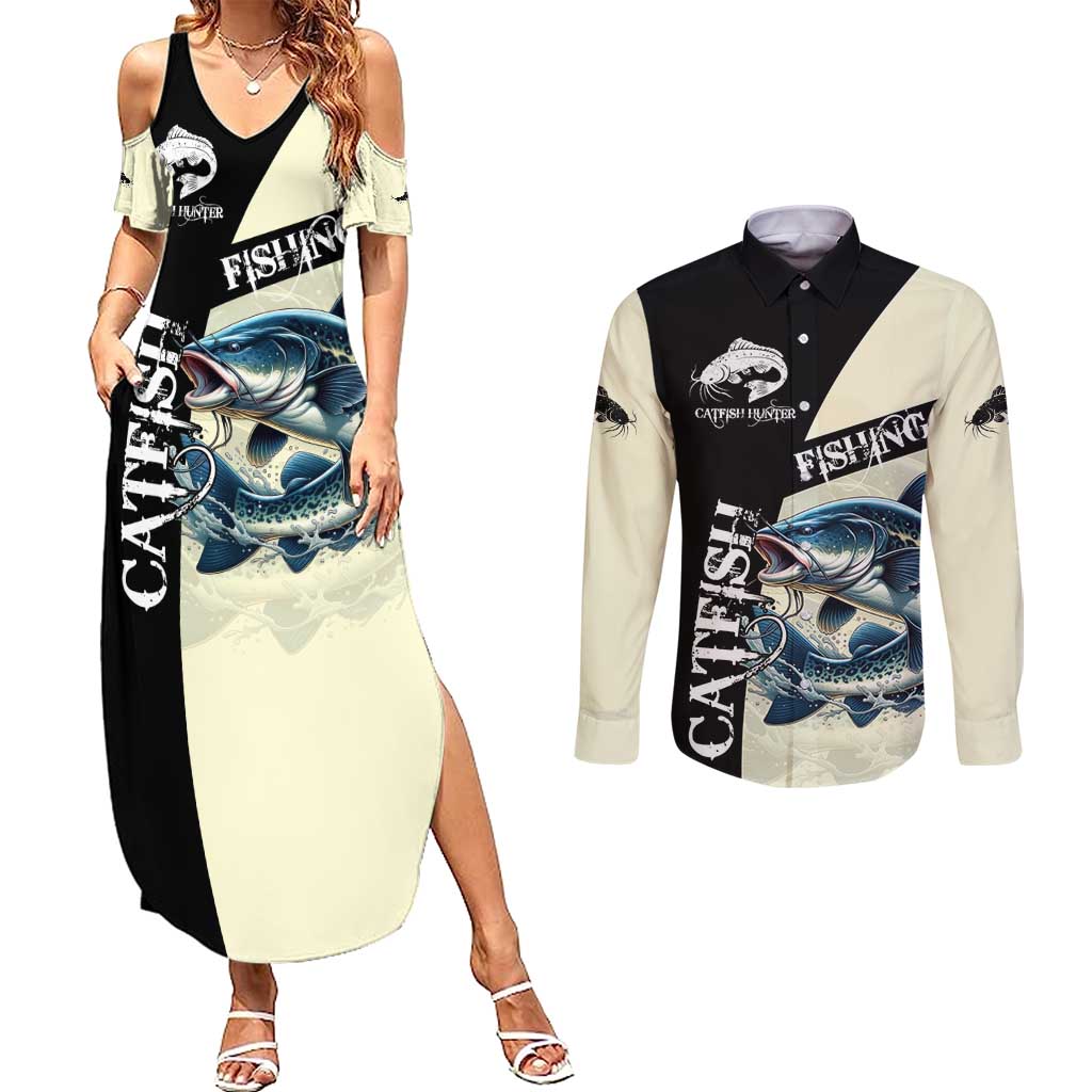 Catfish Fishing Customize Name Couples Matching Summer Maxi Dress and Long Sleeve Button Shirt Splash Effect and Black Cream Split Design - Wonder Print Shop