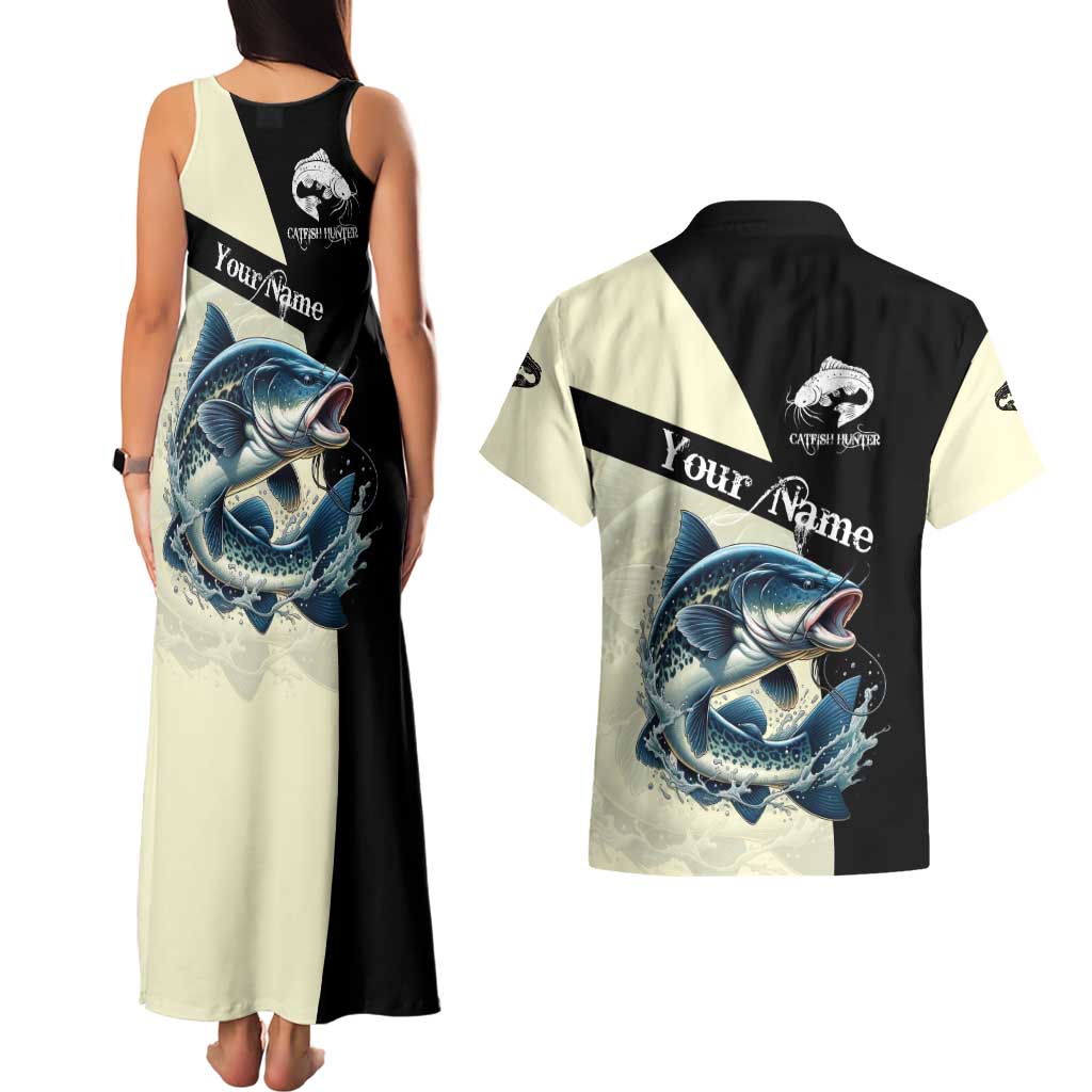 Catfish Fishing Customize Name Couples Matching Tank Maxi Dress and Hawaiian Shirt Splash Effect and Black Cream Split Design - Wonder Print Shop