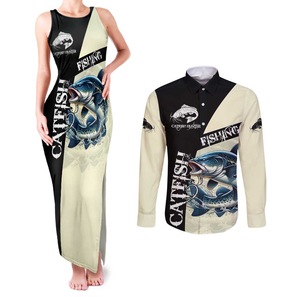 Catfish Fishing Customize Name Couples Matching Tank Maxi Dress and Long Sleeve Button Shirt Splash Effect and Black Cream Split Design - Wonder Print Shop