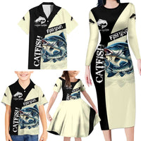 Catfish Fishing Customize Name Family Matching Long Sleeve Bodycon Dress and Hawaiian Shirt Splash Effect and Black Cream Split Design - Wonder Print Shop