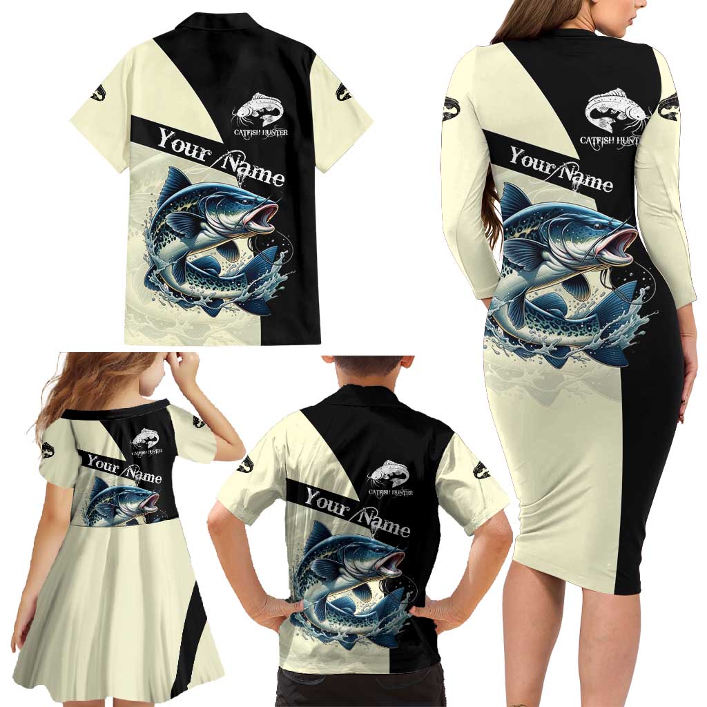 Catfish Fishing Customize Name Family Matching Long Sleeve Bodycon Dress and Hawaiian Shirt Splash Effect and Black Cream Split Design - Wonder Print Shop