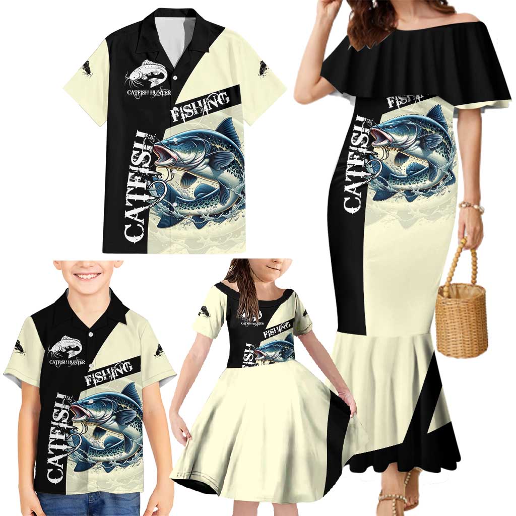 Catfish Fishing Customize Name Family Matching Mermaid Dress and Hawaiian Shirt Splash Effect and Black Cream Split Design - Wonder Print Shop