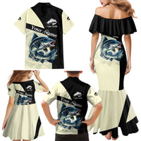 Catfish Fishing Customize Name Family Matching Mermaid Dress and Hawaiian Shirt Splash Effect and Black Cream Split Design - Wonder Print Shop