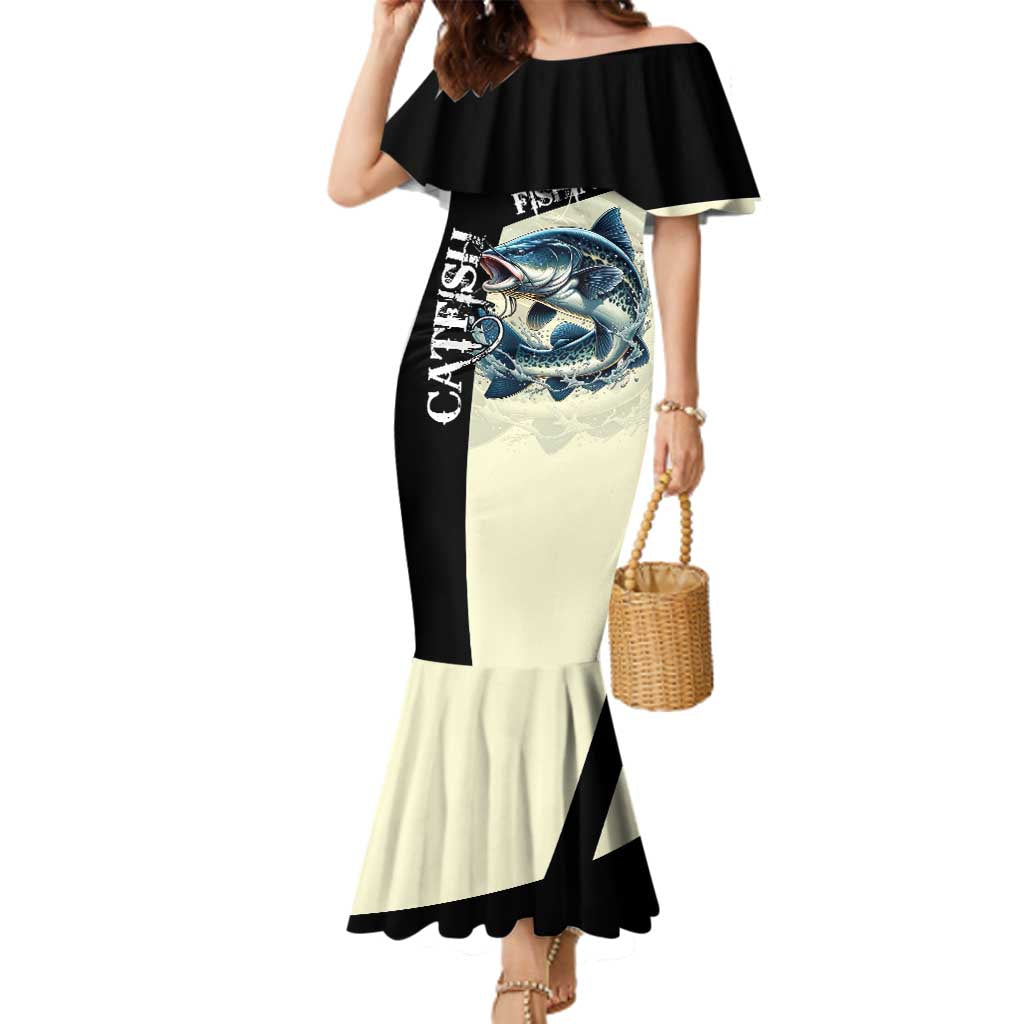 Catfish Fishing Customize Name Family Matching Mermaid Dress and Hawaiian Shirt Splash Effect and Black Cream Split Design - Wonder Print Shop