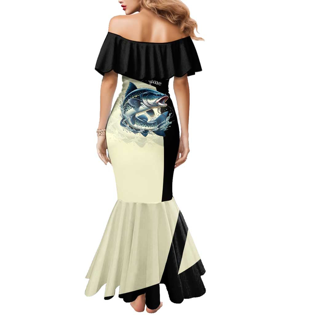 Catfish Fishing Customize Name Family Matching Mermaid Dress and Hawaiian Shirt Splash Effect and Black Cream Split Design - Wonder Print Shop