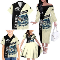 Catfish Fishing Customize Name Family Matching Off The Shoulder Long Sleeve Dress and Hawaiian Shirt Splash Effect and Black Cream Split Design - Wonder Print Shop