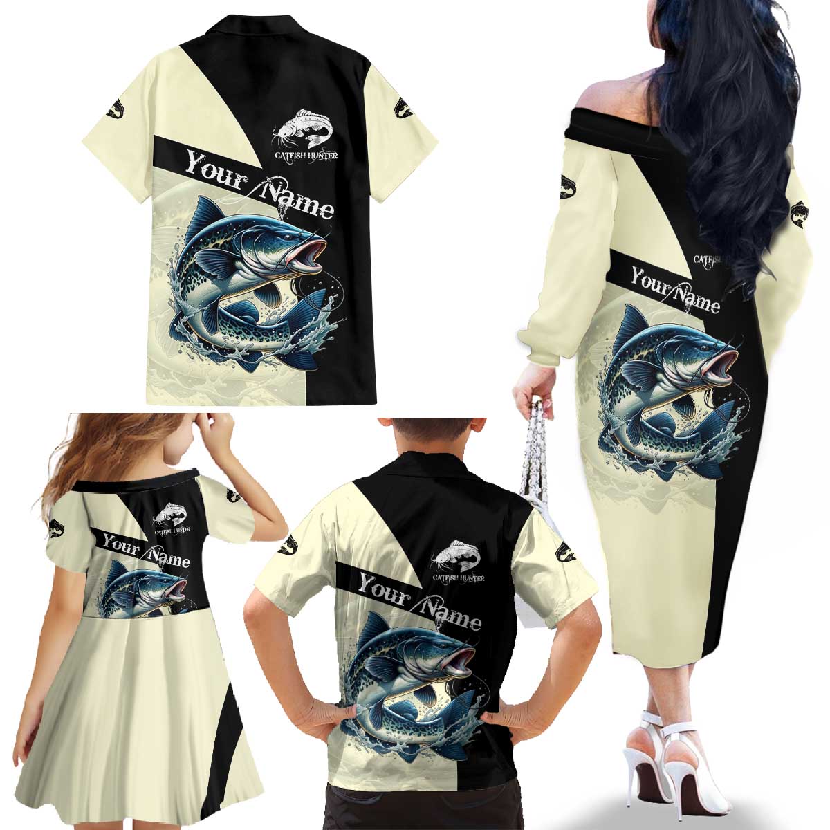 Catfish Fishing Customize Name Family Matching Off The Shoulder Long Sleeve Dress and Hawaiian Shirt Splash Effect and Black Cream Split Design - Wonder Print Shop