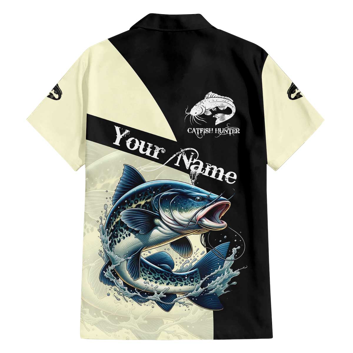 Catfish Fishing Customize Name Family Matching Off The Shoulder Long Sleeve Dress and Hawaiian Shirt Splash Effect and Black Cream Split Design - Wonder Print Shop
