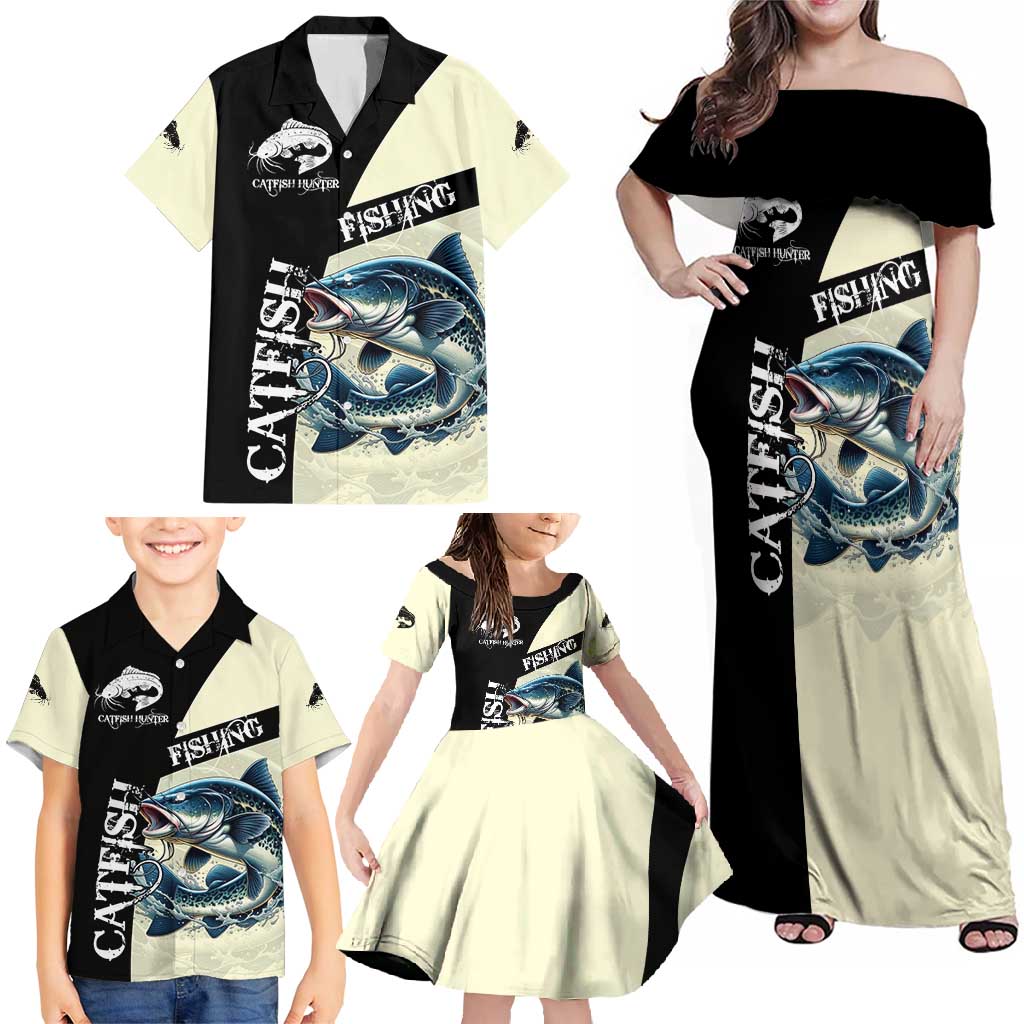 Catfish Fishing Customize Name Family Matching Off Shoulder Maxi Dress and Hawaiian Shirt Splash Effect and Black Cream Split Design - Wonder Print Shop
