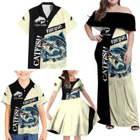 Catfish Fishing Customize Name Family Matching Off Shoulder Maxi Dress and Hawaiian Shirt Splash Effect and Black Cream Split Design - Wonder Print Shop