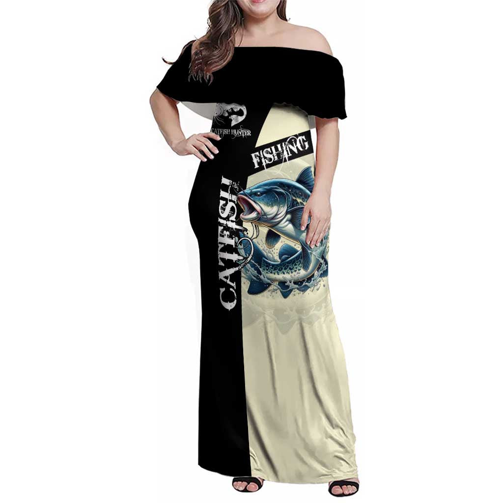 Catfish Fishing Customize Name Family Matching Off Shoulder Maxi Dress and Hawaiian Shirt Splash Effect and Black Cream Split Design - Wonder Print Shop