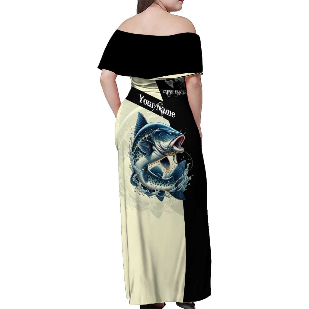 Catfish Fishing Customize Name Family Matching Off Shoulder Maxi Dress and Hawaiian Shirt Splash Effect and Black Cream Split Design - Wonder Print Shop
