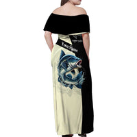 Catfish Fishing Customize Name Family Matching Off Shoulder Maxi Dress and Hawaiian Shirt Splash Effect and Black Cream Split Design - Wonder Print Shop