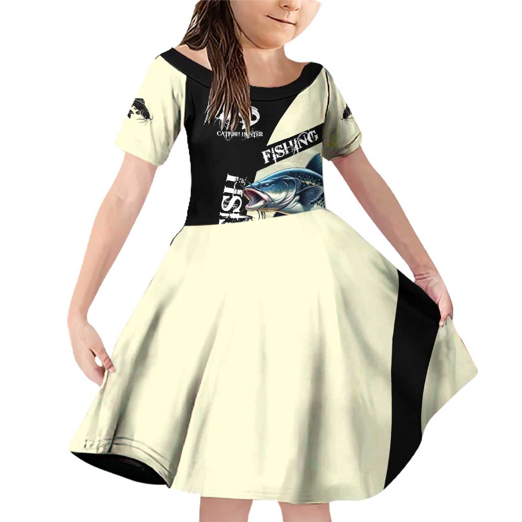 Catfish Fishing Customize Name Family Matching Off Shoulder Short Dress and Hawaiian Shirt Splash Effect and Black Cream Split Design - Wonder Print Shop