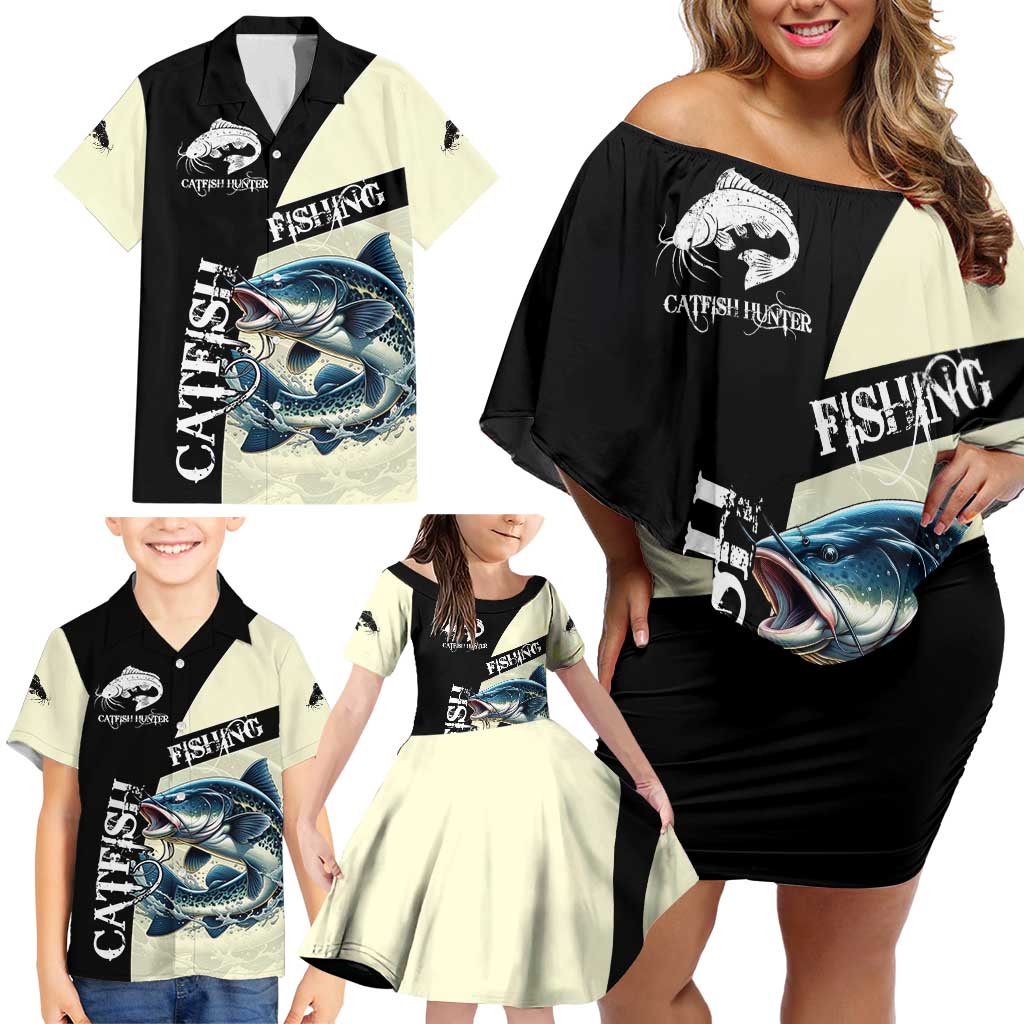Catfish Fishing Customize Name Family Matching Off Shoulder Short Dress and Hawaiian Shirt Splash Effect and Black Cream Split Design - Wonder Print Shop