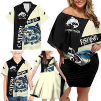 Catfish Fishing Customize Name Family Matching Off Shoulder Short Dress and Hawaiian Shirt Splash Effect and Black Cream Split Design - Wonder Print Shop