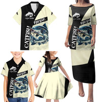 Catfish Fishing Customize Name Family Matching Puletasi and Hawaiian Shirt Splash Effect and Black Cream Split Design - Wonder Print Shop