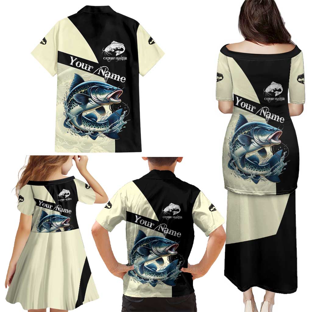 Catfish Fishing Customize Name Family Matching Puletasi and Hawaiian Shirt Splash Effect and Black Cream Split Design - Wonder Print Shop